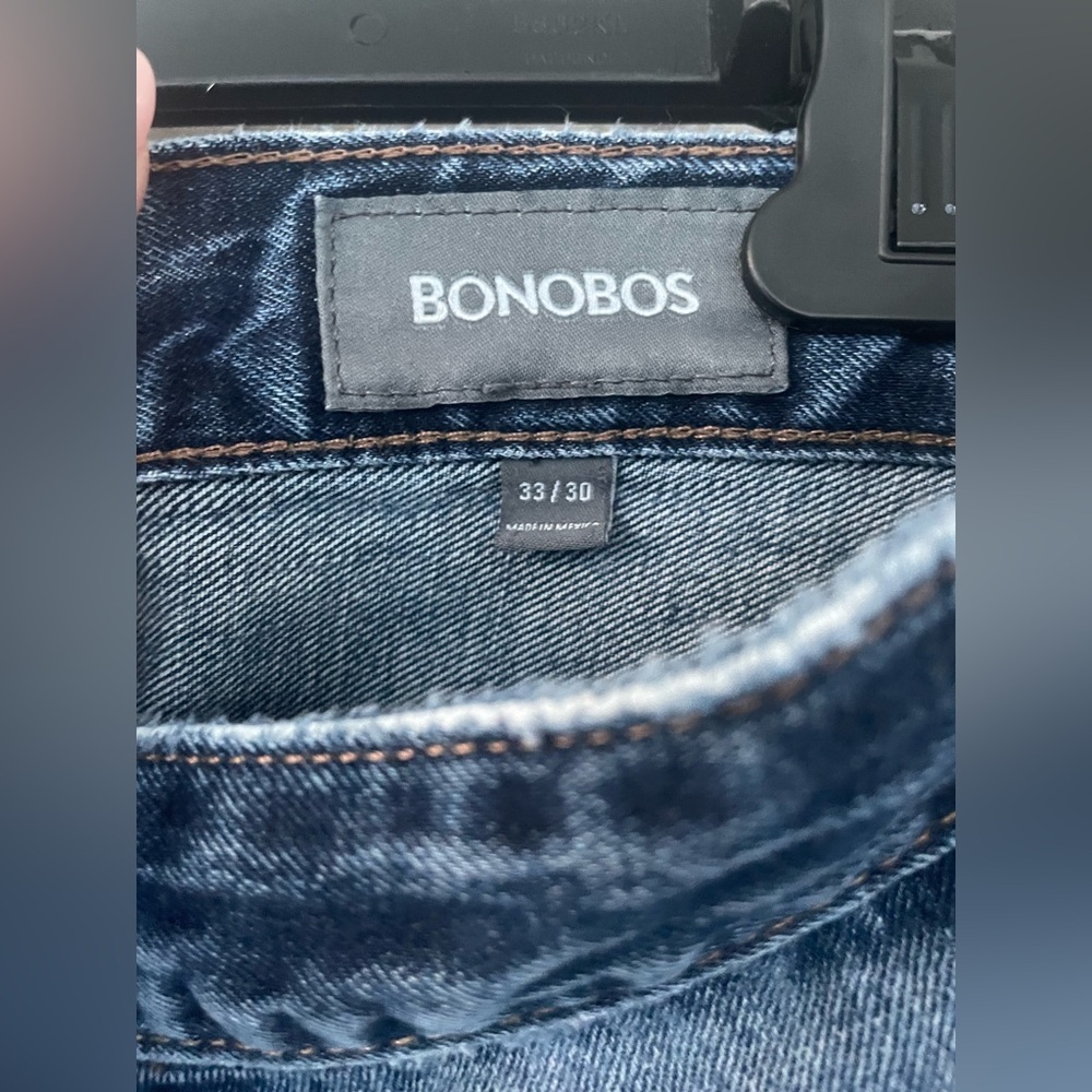 Bonobos mid wash, mid rise straight leg distressed, ripped denim jeans; 33 x 30 - Picture 5 of 7